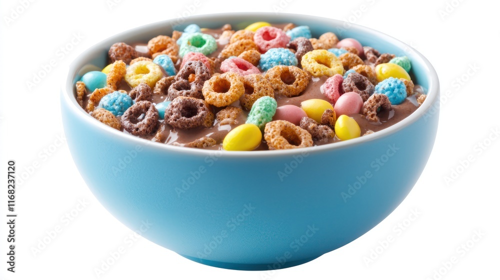 Colorful cereal and candy in a blue bowl of chocolate milk Colorful cereal and candy in a blue bowl of chocolate milk