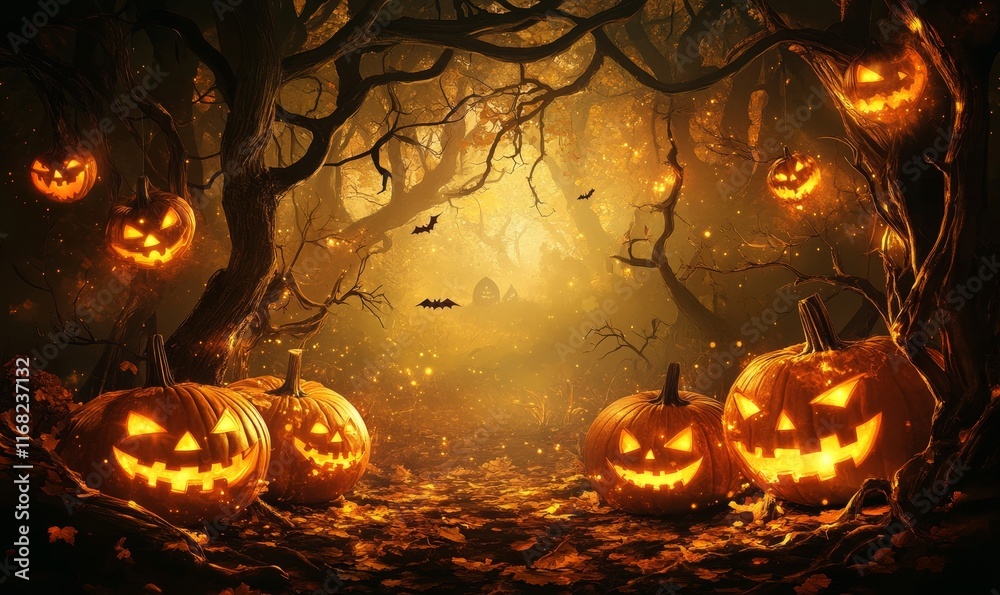 Naklejka premium Halloween Theme Digital Background with Glowing Lights, Generative AI