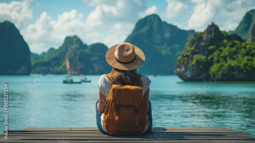 An Asian woman traveler wearing a hat and backpack sits on a wooden bridge with a tropical island background in Phang Nga Bay