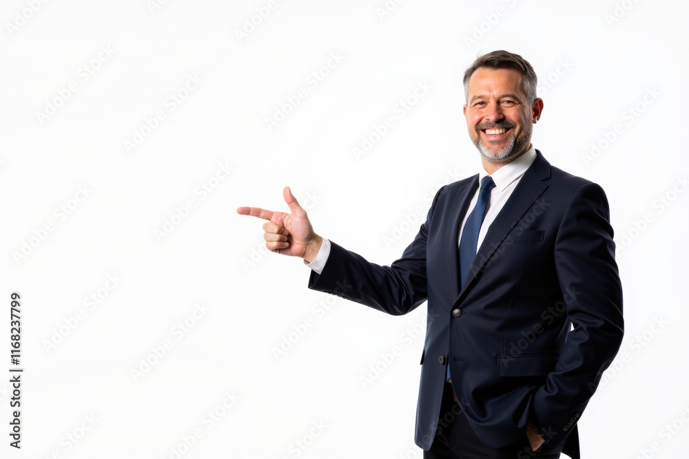 Confident Businessman in Dark Suit Gesturing with Smile - Perfect for Business Presentations, Marketing, and Professional Websites Confident Businessman in Dark Suit Gesturing with Smile - Perfect for Business Presentations, Marketing, and Professional Websites