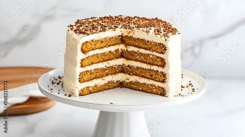 Delicious layered cake on a stand, sliced to show interior, on marble background. Ideal for baking blogs or recipe websites. photo