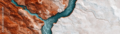 Aerial view of a winding river flowing through vibrant, contrasting landscapes of red and white, showcasing nature's beauty and geological formations.