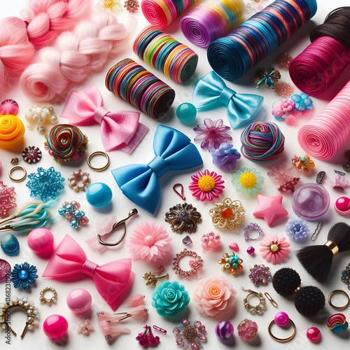 AI Generate of Assorted Colored Hair Accessories on White Background, adding a pop of fun and playfulness to any hairstyle.