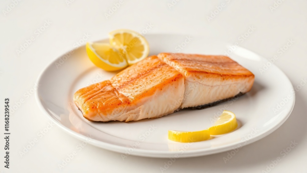Grilled Salmon Fillet Served with Lemon Slices Grilled Salmon Fillet Served with Lemon Slices