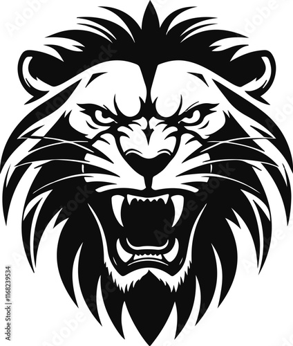 Wild roaring lion king head tattoo set. Front and side view predator face, lions heads black and white ink sketch silhouettes