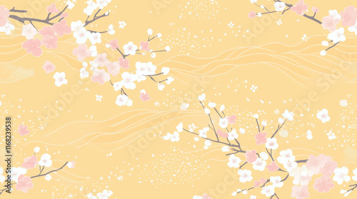 和柄-梅と波-黄色