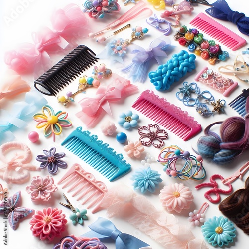 AI Generate of Assorted Colored Hair Accessories on White Background, adding a pop of fun and playfulness to any hairstyle.
