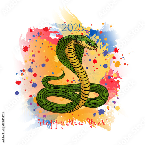 vector snake on bright festive background with red text. 2025 happy new year. greeting card. chinese zodiac. winter holiday. green and yellow cobra with hood. realistic animal. layered illustration