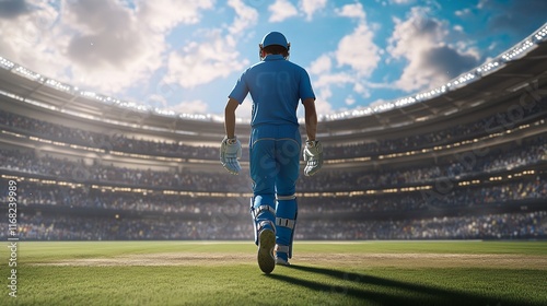 Professional Cricket Player Standing on the Pitch at a Stadium in India, Capturing the Athlete's Focus and Skill in a High-Stakes Sports Environment