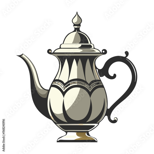 A polished silver teapot with ornate details, set on a warm ivory backdrop