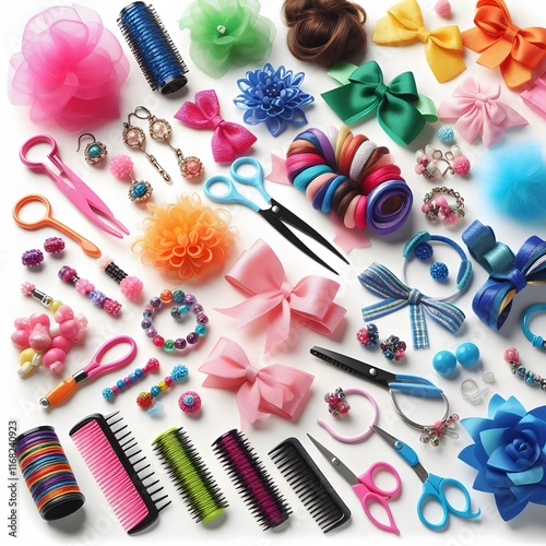 AI Generate of Assorted Colored Hair Accessories on White Background, adding a pop of fun and playfulness to any hairstyle.