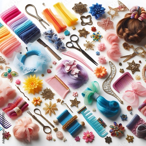 AI Generate of Assorted Colored Hair Accessories on White Background, adding a pop of fun and playfulness to any hairstyle.