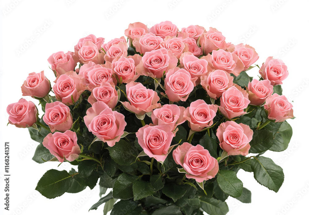 A bouquet of soft pink roses with vibrant green leaves, isolated on a white background, radiates timeless elegance and beauty. A bouquet of soft pink roses with vibrant green leaves, isolated on a white background, radiates timeless elegance and beauty.