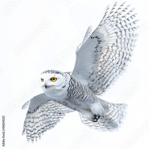 Majestic snowy owl soaring majestically with wings spread against a clean white background