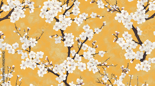 和柄-梅と波-黄色