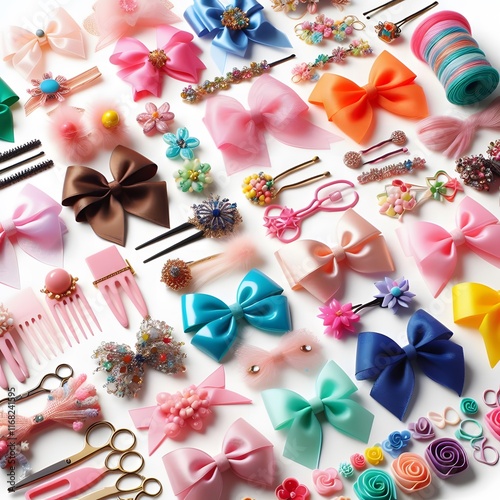 AI Generate of Assorted Colored Hair Accessories on White Background, adding a pop of fun and playfulness to any hairstyle.