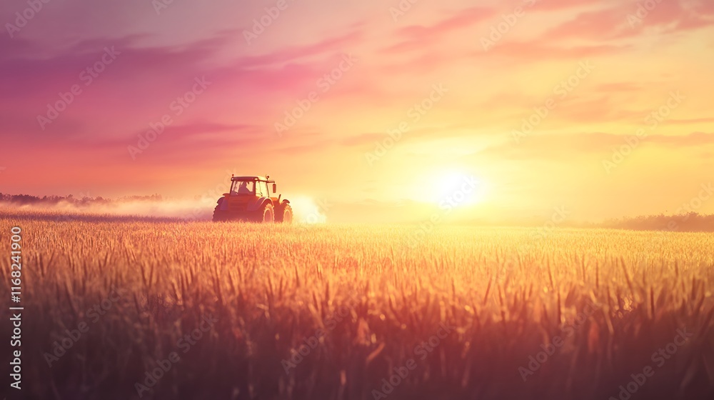 Tractor working golden field sunset landscape Tractor working golden field sunset landscape