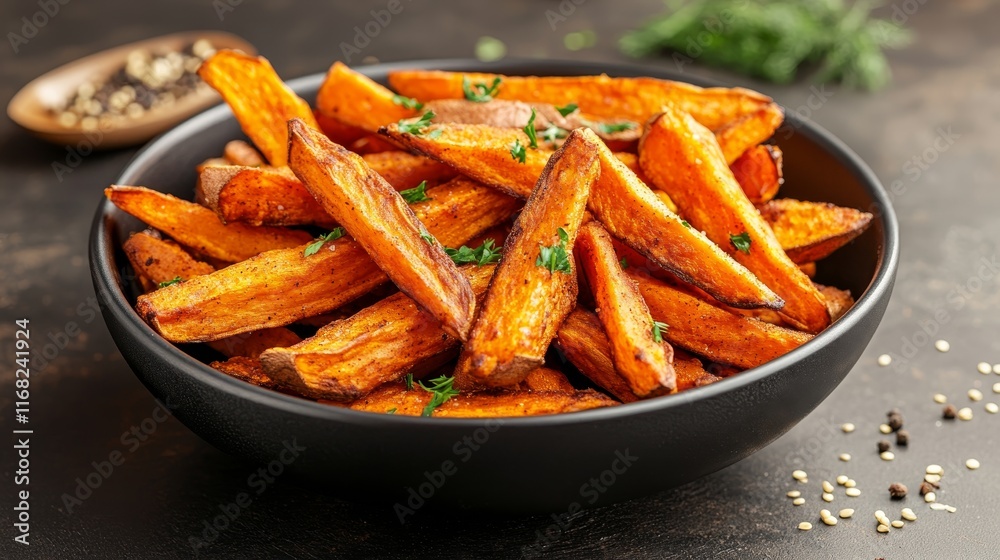 A bowl of golden-brown sweet potato fries garnished with herbs. A bowl of golden-brown sweet potato fries garnished with herbs.