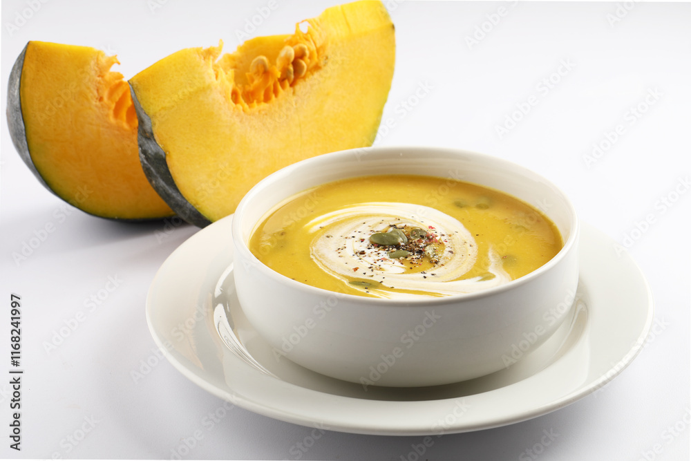 Pumpkin traditional soup with creamy silky texture garnished with pumpkin seeds Pumpkin traditional soup with creamy silky texture garnished with pumpkin seeds