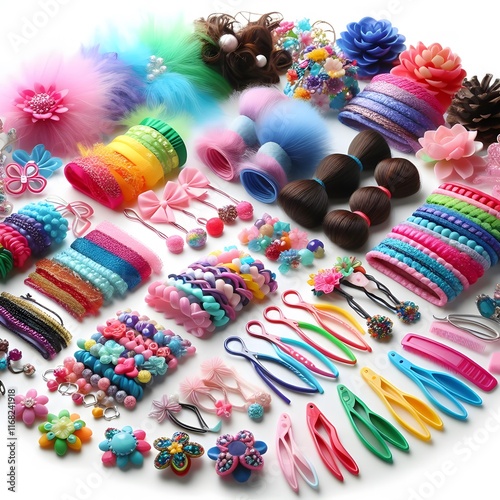 AI Generate of Assorted Colored Hair Accessories on White Background, adding a pop of fun and playfulness to any hairstyle.