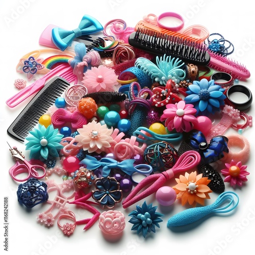 AI Generate of Assorted Colored Hair Accessories on White Background, adding a pop of fun and playfulness to any hairstyle.
