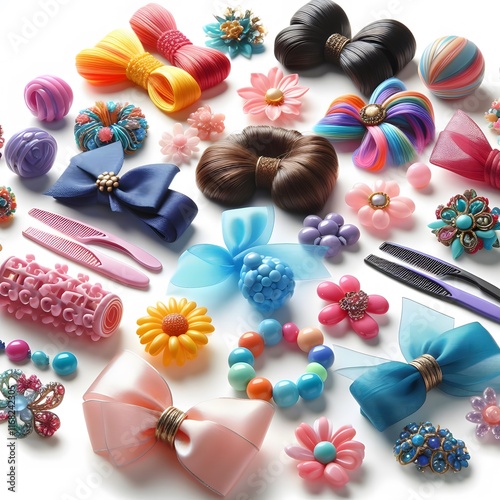 AI Generate of Assorted Colored Hair Accessories on White Background, adding a pop of fun and playfulness to any hairstyle.