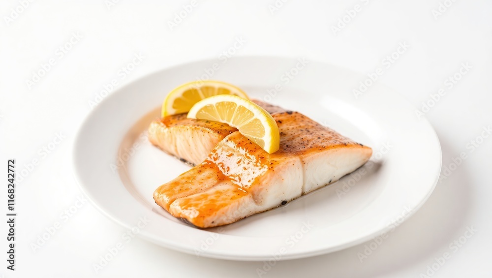 Grilled Salmon Filet with Lemon Slices on Plate Grilled Salmon Filet with Lemon Slices on Plate