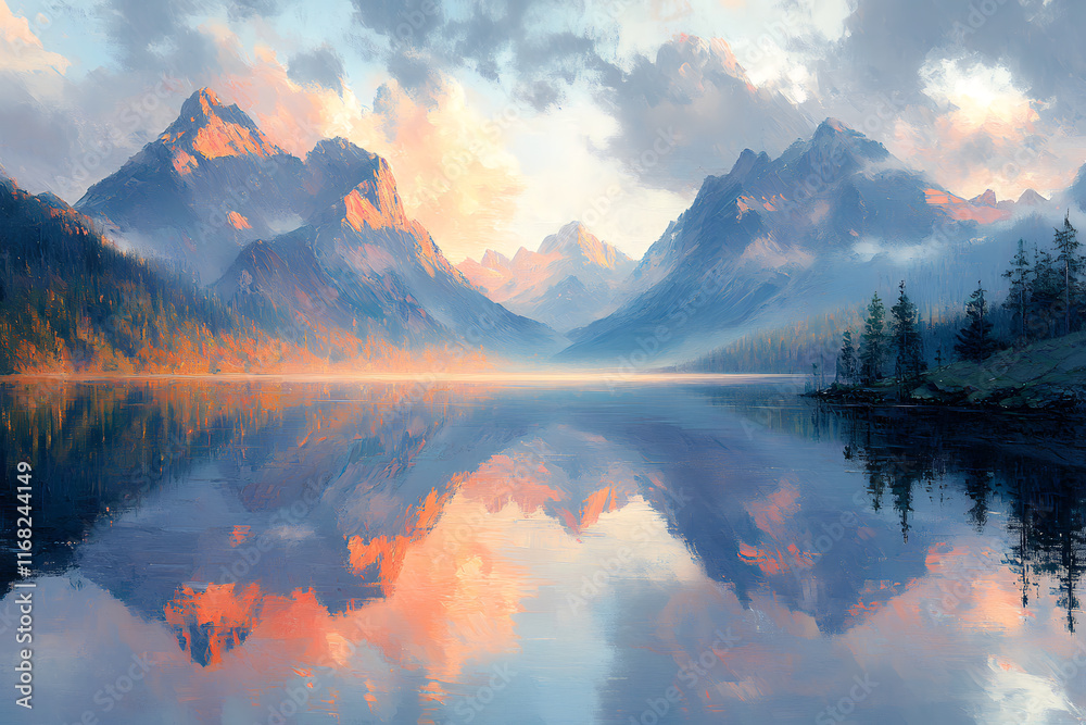 Vibrant reflection of majestic mountains at sunrise in a serene lake landscape