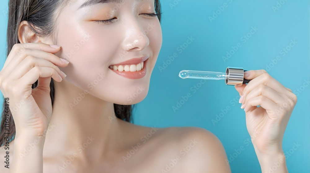 Obraz premium Radiant Asian Woman with Glass Skin Holding Skincare Serum Dropper, Hydrated Glow, Beauty, Cosmetic Product Promotion, Clear Complexion