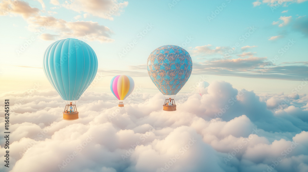 Fototapeta premium Vibrant hot air balloons float above the clouds under a clear blue sky