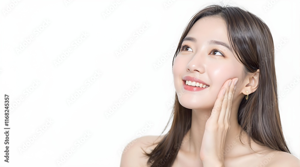 Radiant Korean Beauty: Young Woman with Perfect Glass Skin, Glowing Complexion, and Smooth Touch – Skincare Model for Natural Beauty, Korean Cosmetics, and Facial Treatment on White Background Radiant Korean Beauty: Young Woman with Perfect Glass Skin, Glowing Complexion, and Smooth Touch – Skincare Model for Natural Beauty, Korean Cosmetics, and Facial Treatment on White Background