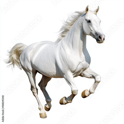 Majestic White Horse Galloping Gracefully with Mane Flowing in the Wind Against a Bright White Background