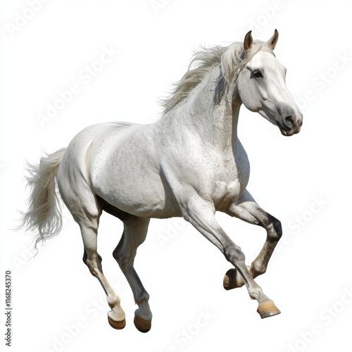 Elegant White Horse Galloping Gracefully in Motion over a White Background