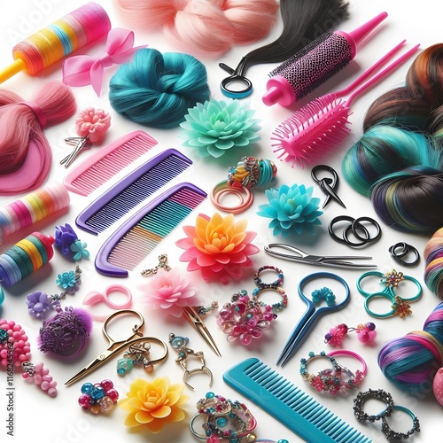 AI Generate of Assorted Colored Hair Accessories on White Background, adding a pop of fun and playfulness to any hairstyle.
