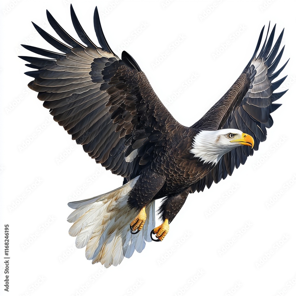Obraz premium Majestic Bald Eagle in Flight with Extended Wings Against Clear Background