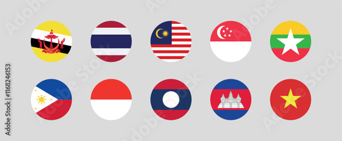 
Flag of All ASEAN member countries. ASEAN countries round flag Bundle.