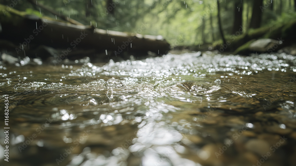 Fototapeta premium serene close up of raindrops creating ripples in forest stream