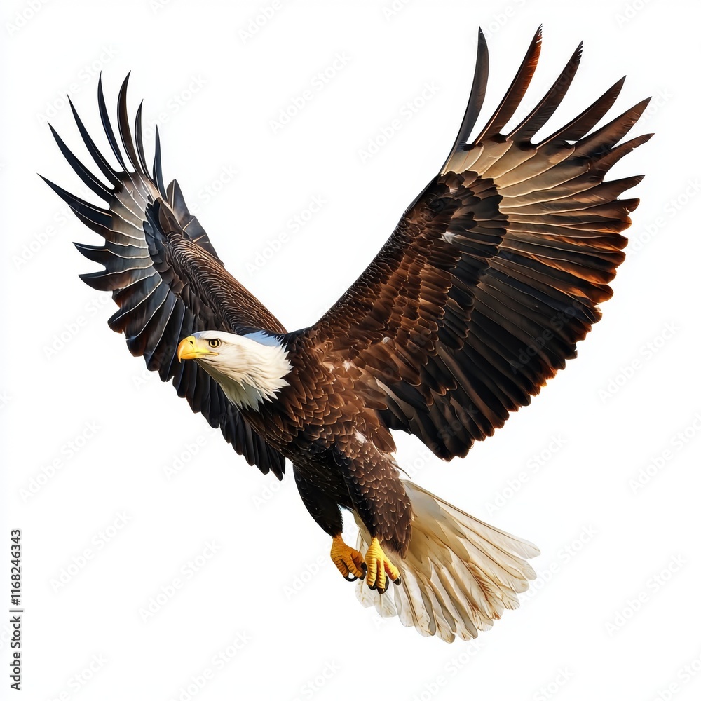 Majestic Bald Eagle in Flight with Spreading Wings Against a Clear Sky Majestic Bald Eagle in Flight with Spreading Wings Against a Clear Sky