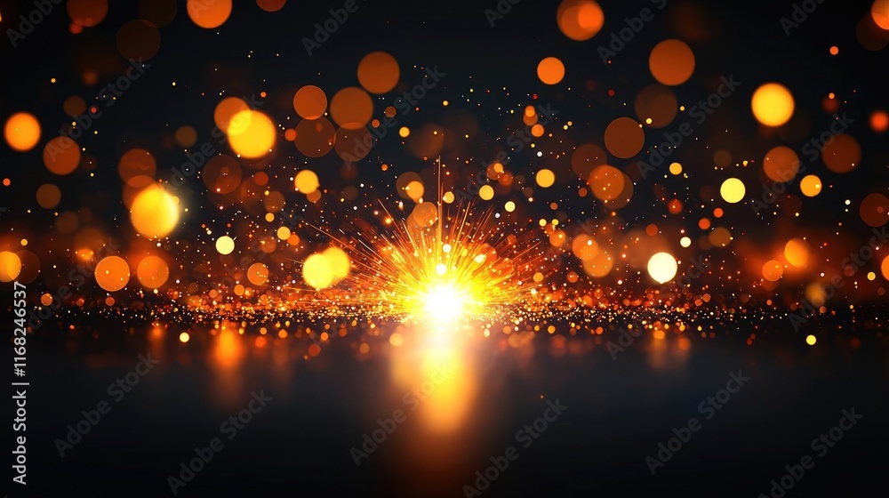 Naklejka premium Burst abstract background concept. Bright glowing orange particles shining against a dark background, creating a magical ambiance.