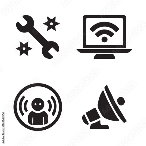 Collection of technology icons for troubleshooting, wireless, and network connectivity.