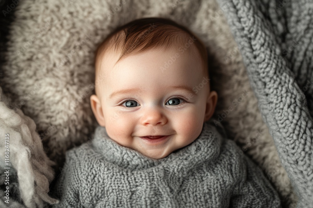 Adorable baby with big blue eyes smiles while wrapped in a cozy grey knitted sweater. Adorable baby with big blue eyes smiles while wrapped in a cozy grey knitted sweater.