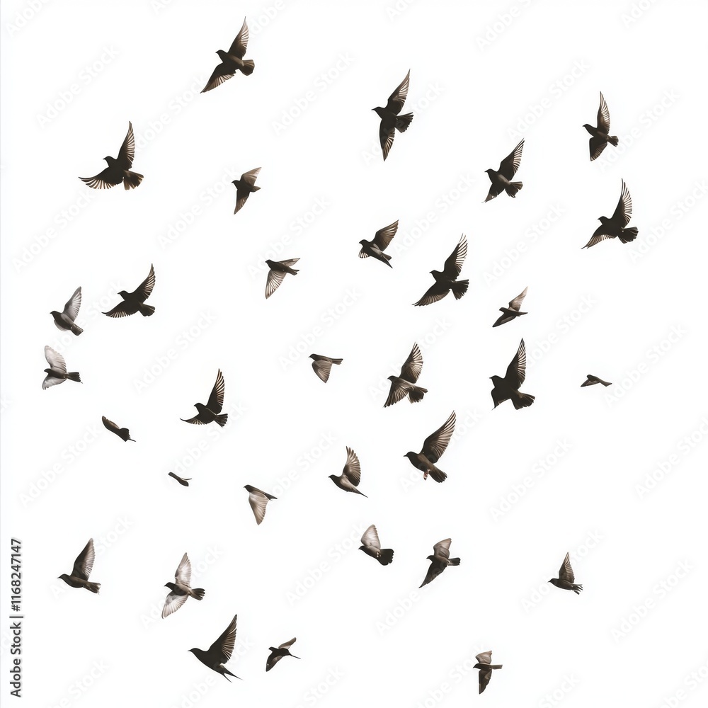 Flock of Birds in Flight Against White Background, Natural Beauty and Freedom Symbolizing Grace and Movement in Nature Flock of Birds in Flight Against White Background, Natural Beauty and Freedom Symbolizing Grace and Movement in Nature