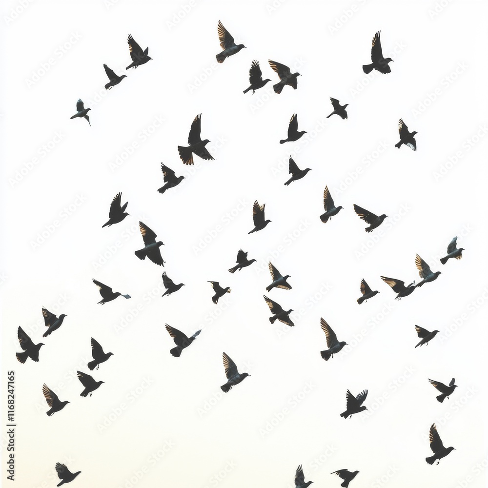 Flock of Birds in Flight Against a Pale Sky, Creating a Sense of Freedom and Movement in Nature Flock of Birds in Flight Against a Pale Sky, Creating a Sense of Freedom and Movement in Nature