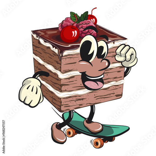 black forest cake cute cartoon isolated vector illustration character mascot playing skateboard, work of hand drawn