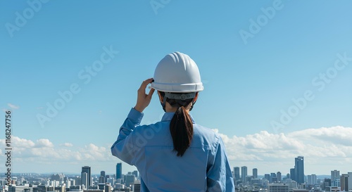 作業着 - 女性  - 建築 - ヘルメット - 青空 - 都市