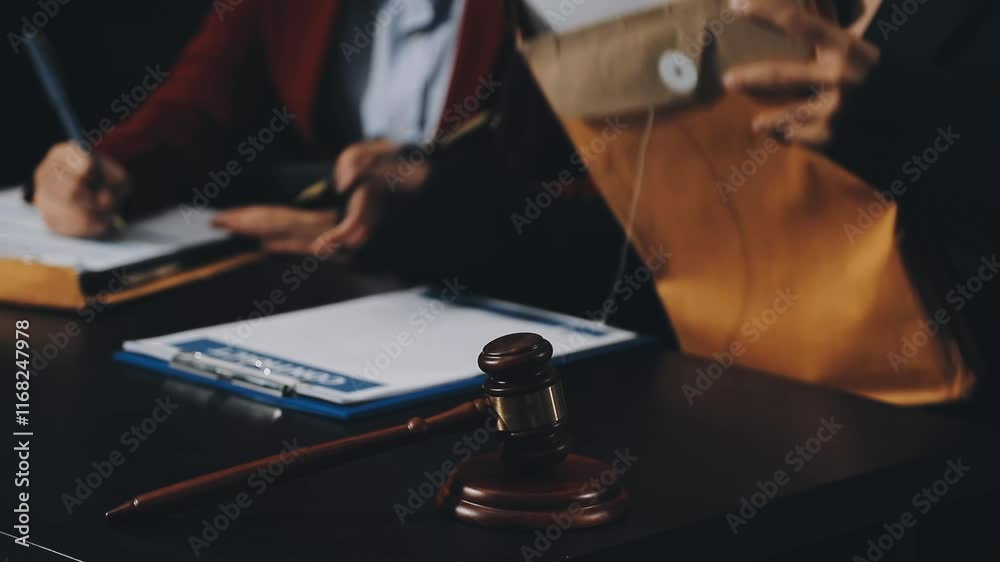 Judge gavel with Justice lawyers having team meeting at law firm background. Concepts of Law and Legal services. Judge gavel with Justice lawyers having team meeting at law firm background. Concepts of Law and Legal services.