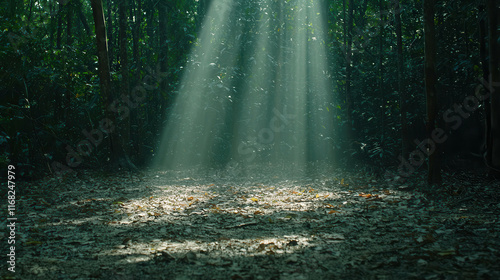 Sunlight Beams Filter Through Dense Forest Canopy Creating Ethereal Atmosphere