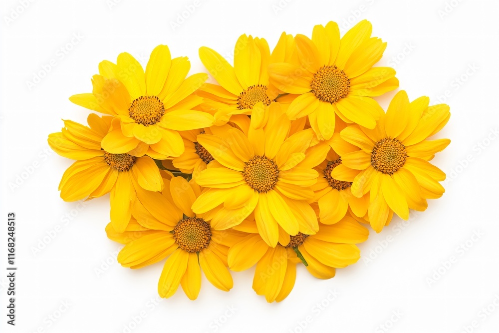 Naklejka premium Overhead View of Yellow Daisies and Petals in an Elegant Pattern on White Background