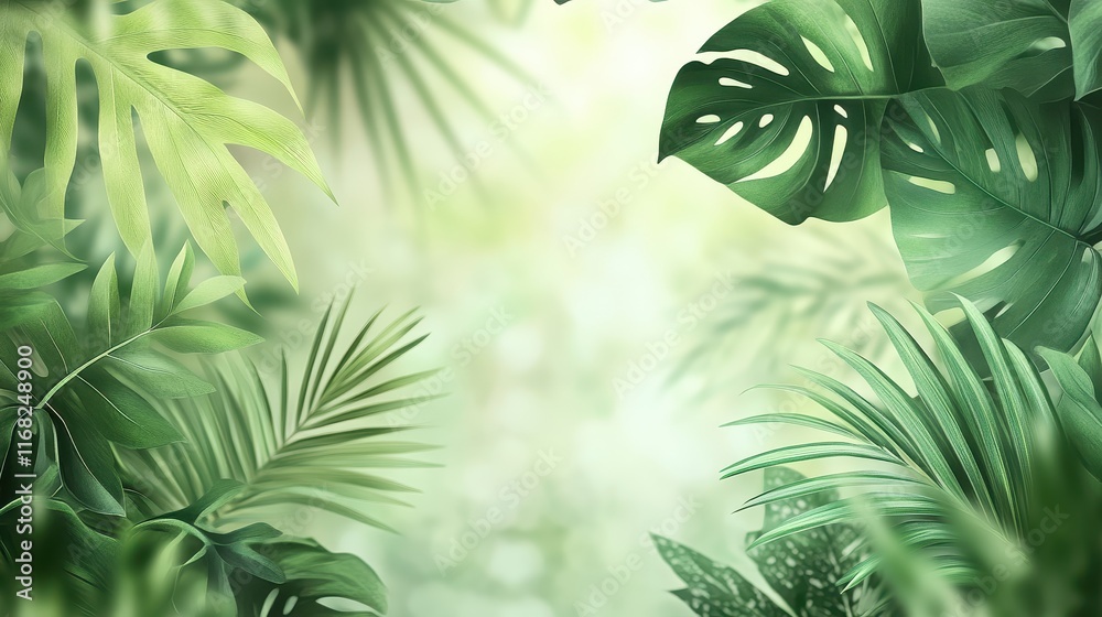 Tropical leaves with a blurred background of soft green tones Tropical leaves with a blurred background of soft green tones