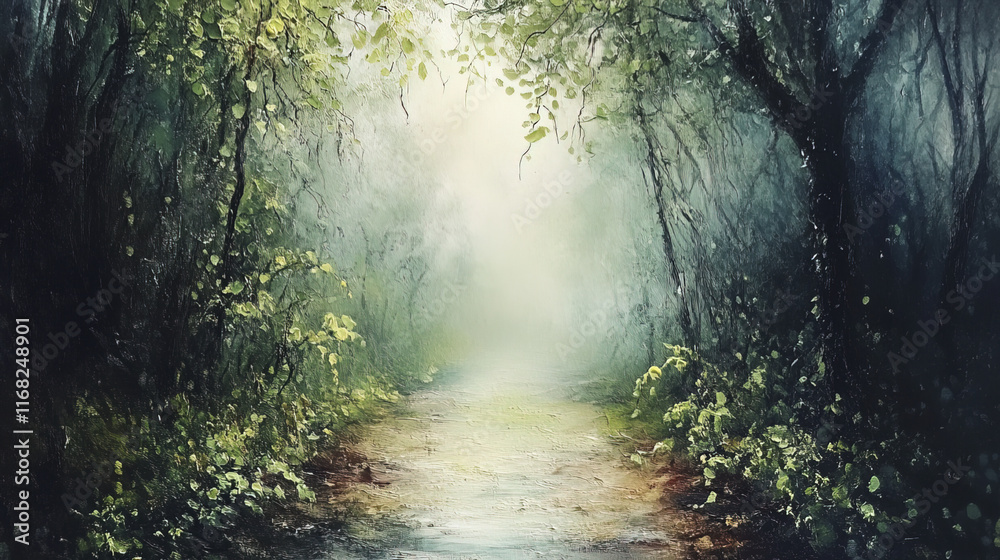 Obraz premium misty forest path surrounded by lush greenery and soft light